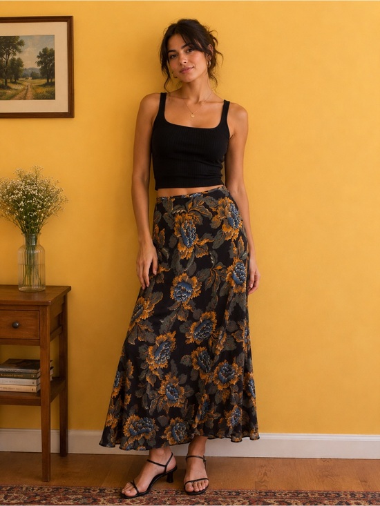 FARM Rio Dresses & Skirts - FARM Rio Black Maxi Skirt with Gold and Blue Floral